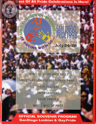 "Official Souvenir Program:  San Diego Pride" weekend of July 24-26, 1998